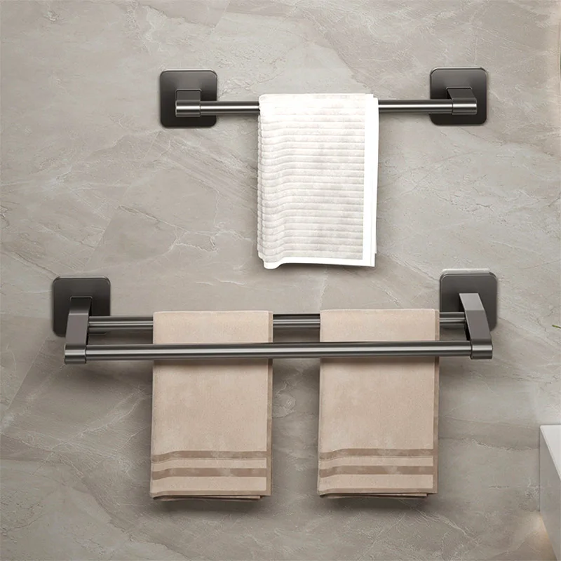 셀프 접착 욕실 수건 랙, 드릴 나사 구멍 없음, 블랙 목욕 핸드 타올 행어, 2 바 그레이 타월, 더블 행잉 로드