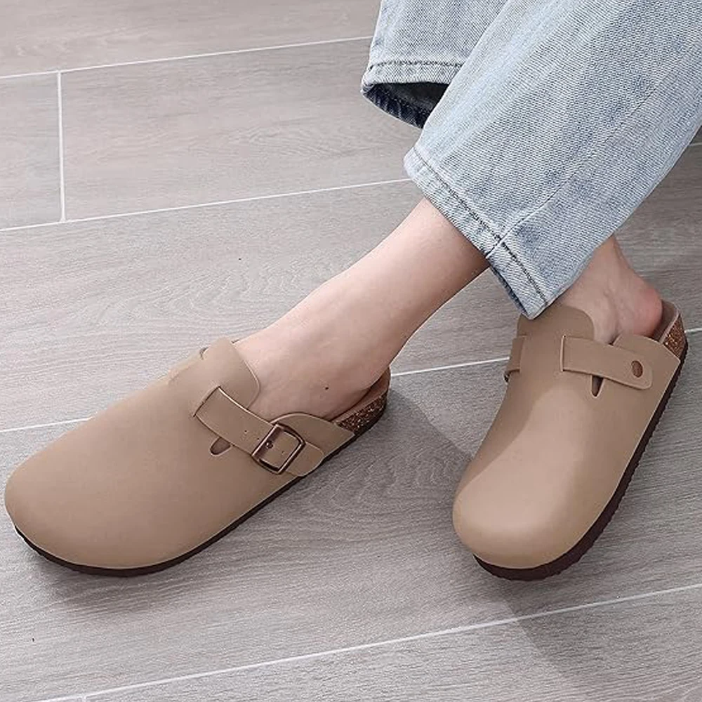 

Shevalues Leather Clogs Slippers For Women Fashion Cork Slippers Men PU Clogs Mules Classic Beach Sandals Casual Outdoor Shoes