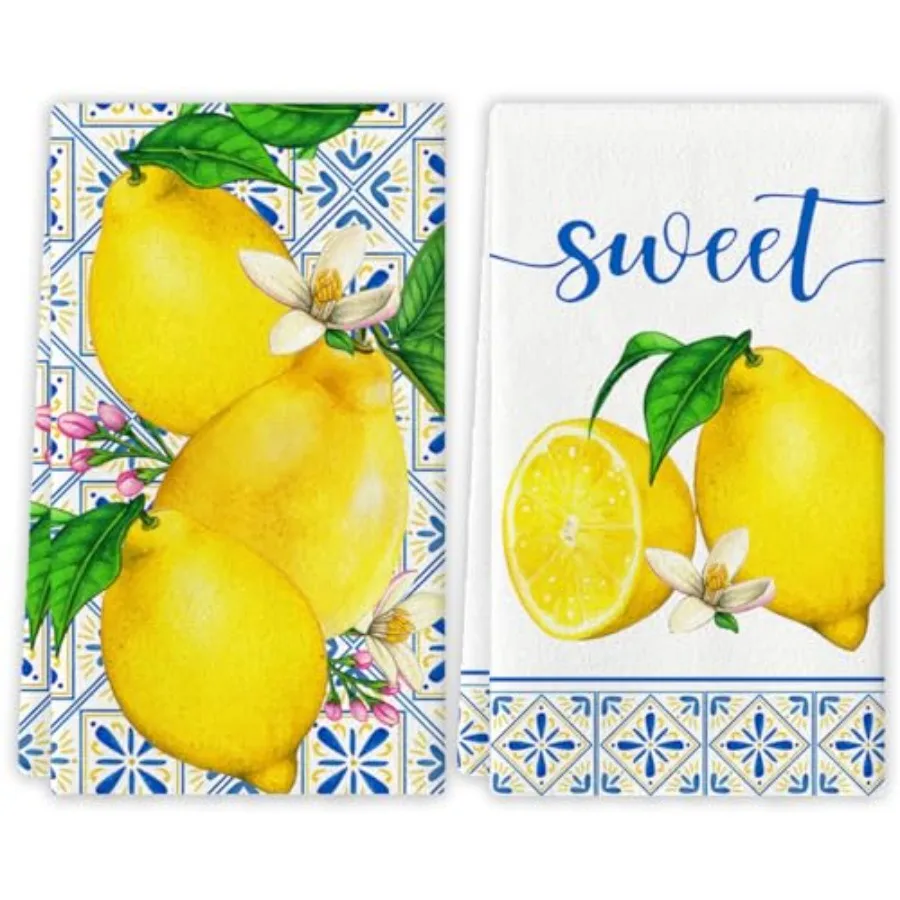 

Summer Lemon Kitchen Towels Spring Italian Lemons Dish Towels Mediterranean Party Tea Towels Italy Lemon Decor Cyan-Blue Tile B