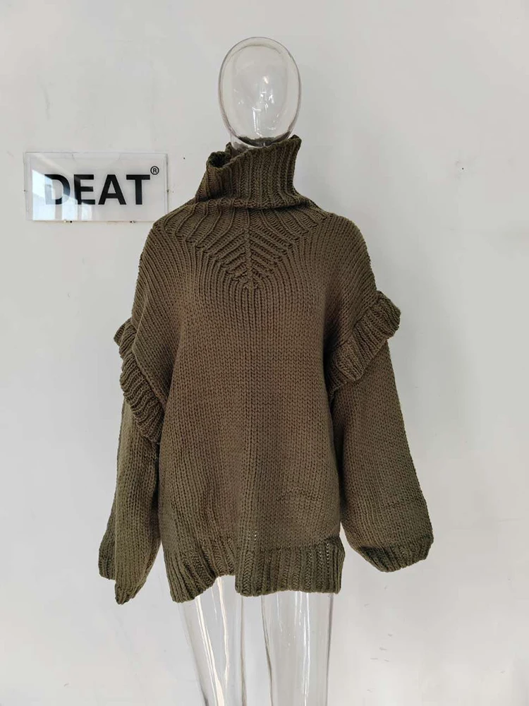 DEAT Fashion Women\'s Knitted Pullover Turtleneck Patchwork Loose Long Sleeves Warm Lady Sweater Winter 2024 New Tide 7AB1868