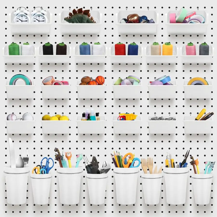 

60 Pcs Pegboard Cups Pegboard Bins Set, Wall Organizer with Hooks and Loops, Hooks Assortment Organizer Accessory for Office Sto