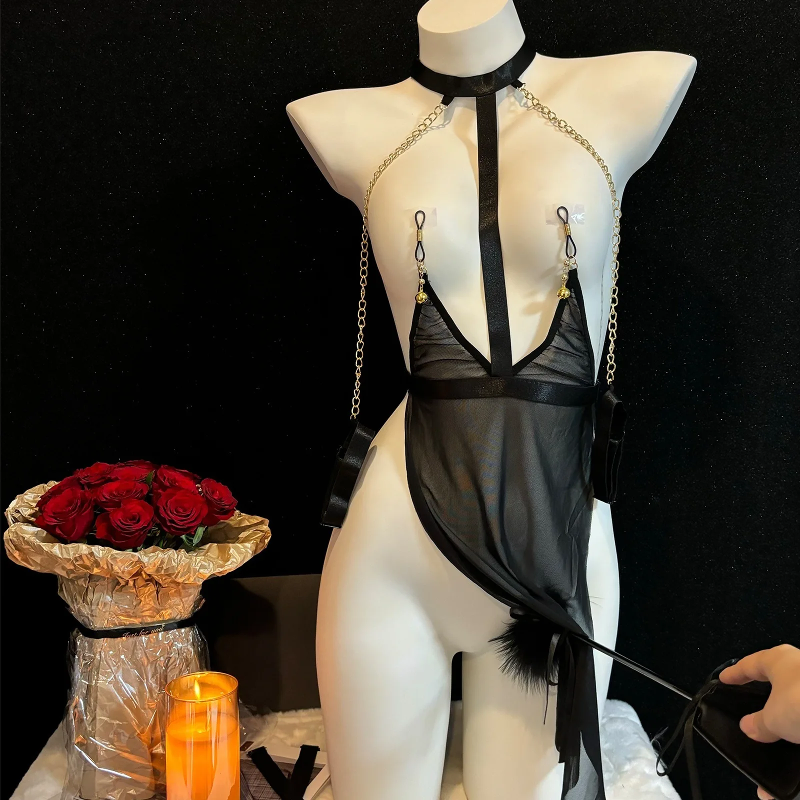 طقم قميص مثير شفاف من الدانتيل مفتوح من الأمام مع حزام سلسلة SM زي إغراء ملابس داخلية نسائية ManYu زي لعب الأدوار #2