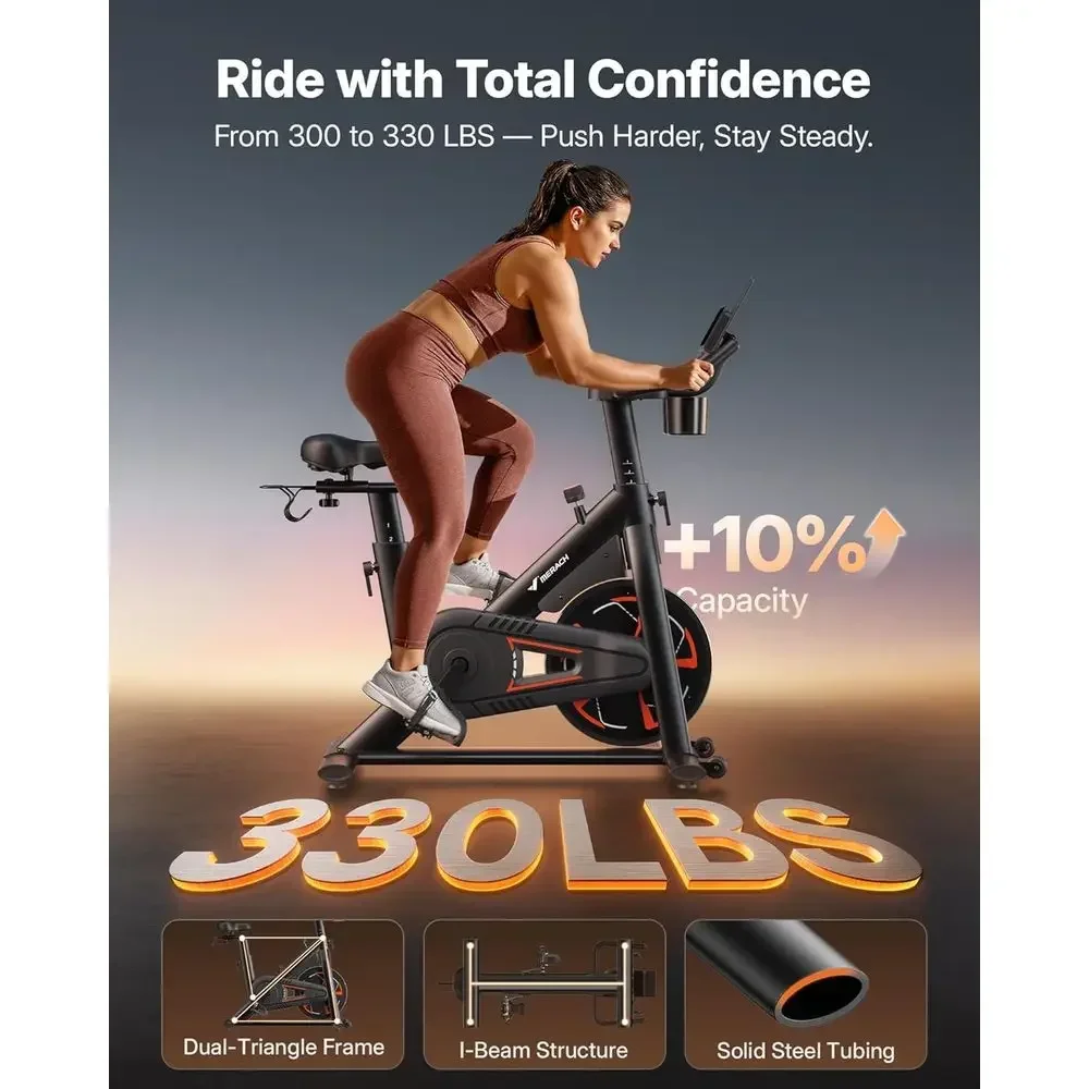 Whisper-Quiet Indoor Cycling Bike with Cushioned Seat, 330 lbs Capacity, App Connectivity, and Tablet Holder
