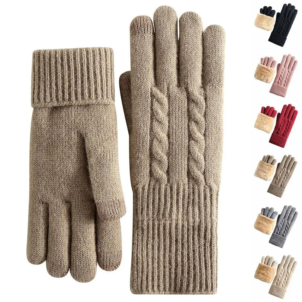 New Lamb Velvet Winter Gloves Cable Knit Double Layer Thermal Gloves Fleece Lined Touchscreen Gloves Winter Commuting
