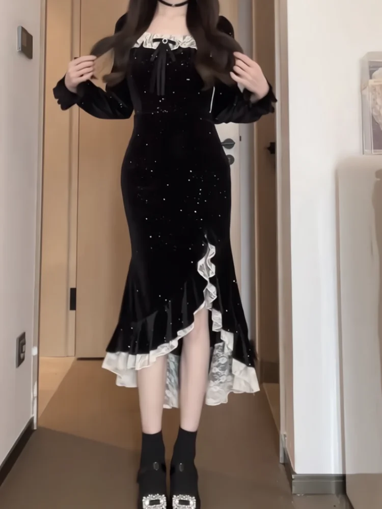 

Women's Slimming Shiny Split Fishtail Irregular Velvet Dress