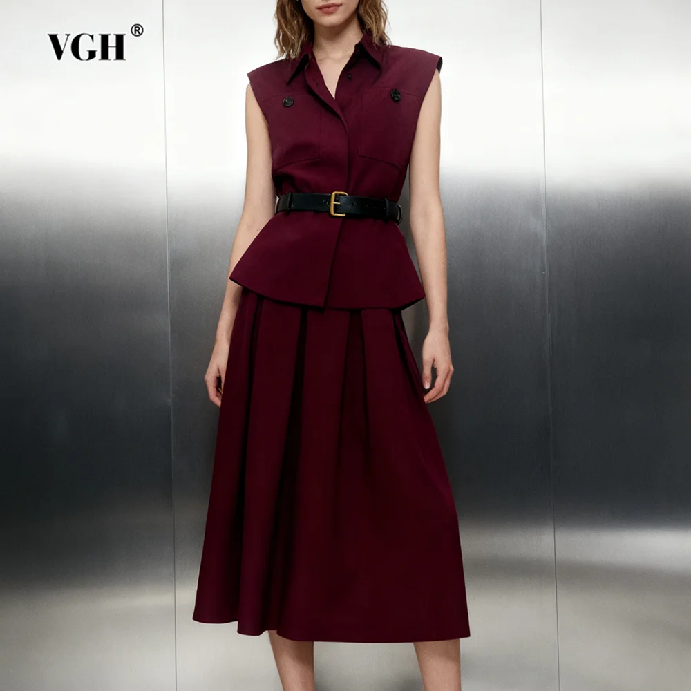 

VGH Solid Elegant Vintage Slimming Two Piece Sets For Women Lapel Sleeveless Top High Waist Skirt Temperament Set Female Fashion