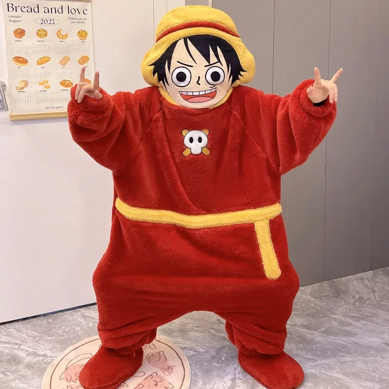 One Piece Monkey D. Luffy Autumn and Winter Coral Fleece One-Piece Pajamas Cartoon Hooded Anime Funny Home Clothes