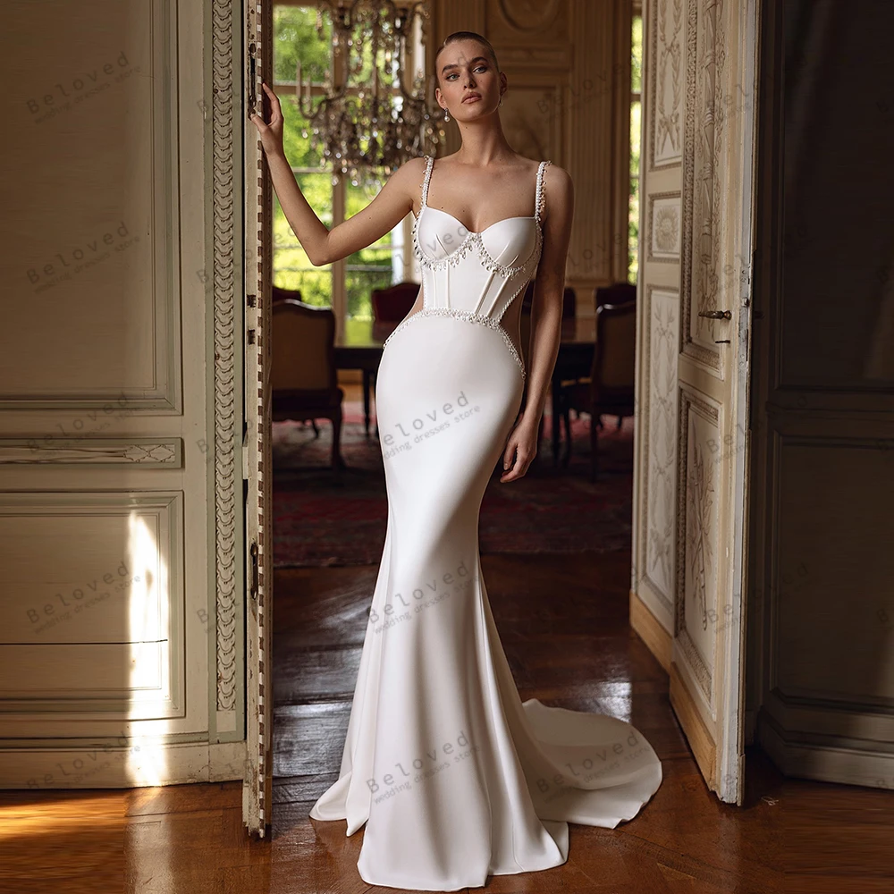 

Современные свадебные платья Гламурные свадебные платья с аппликациями из бисера на тонких бретельках Халаты для женщин Vestidos De Novia по индивидуальному заказу