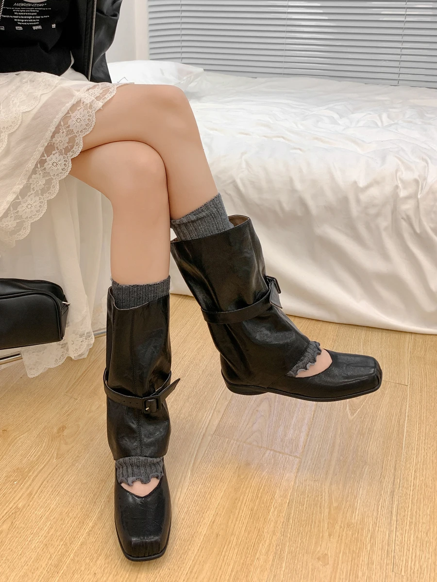 2025 Autumn Boots Retro Comfortable Commuting Pleated Square Head Modern Boots Women Shoes Fashion Mid Calf Boot Botas Mujer