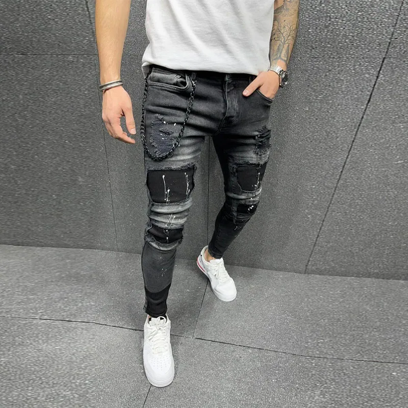 Pop Mens Streetwear Fashion Pants Elastic Skinny Slim Fit Jeans Patch Pockets Ripped Jeans For Men Vintage Black Denim Trousers