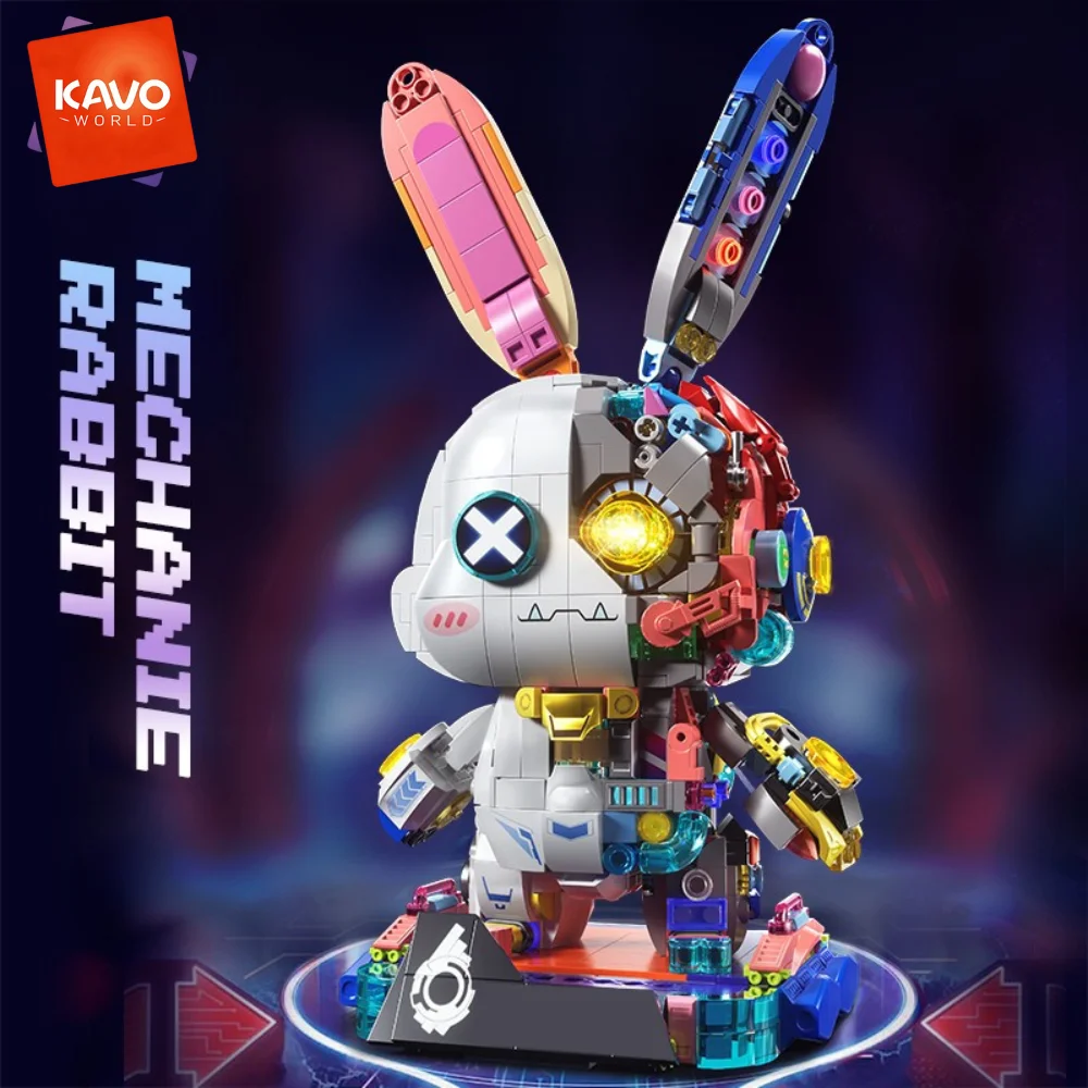 KAVOWORLD Cyberpunk Mechanical Rabbit Building Blocks Set LED Light Up Glow-in-the-Dark Bunny Bricks Kit with Gold-plated Parts Semi-transparent Disassembly Design Collectible Desk Decor for Teens Adults Birthday Christmas Gift 1377pcs view 5