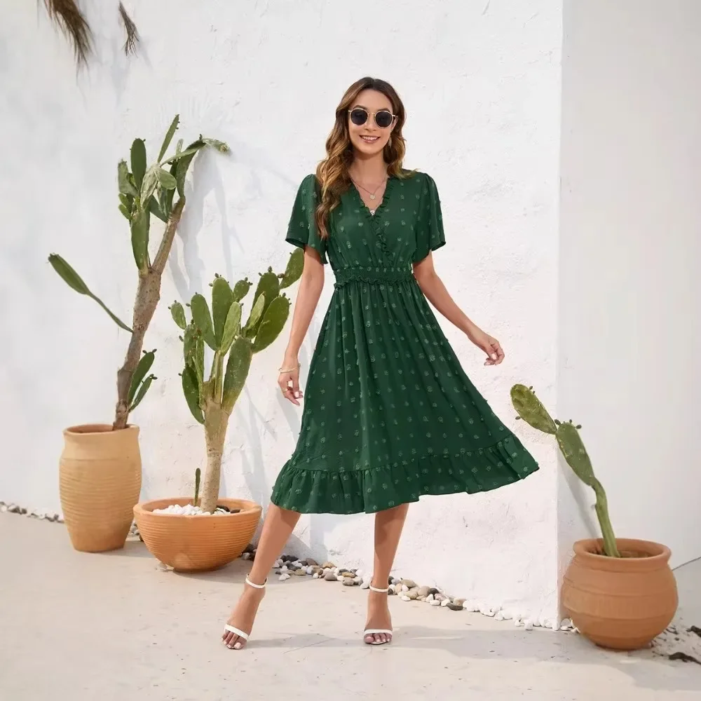 New Women Seaside Vacation Maxi Dress V Neck Short Sleeve High Waist Tie Waist Flowy Sundress For Summer Casual Occasion