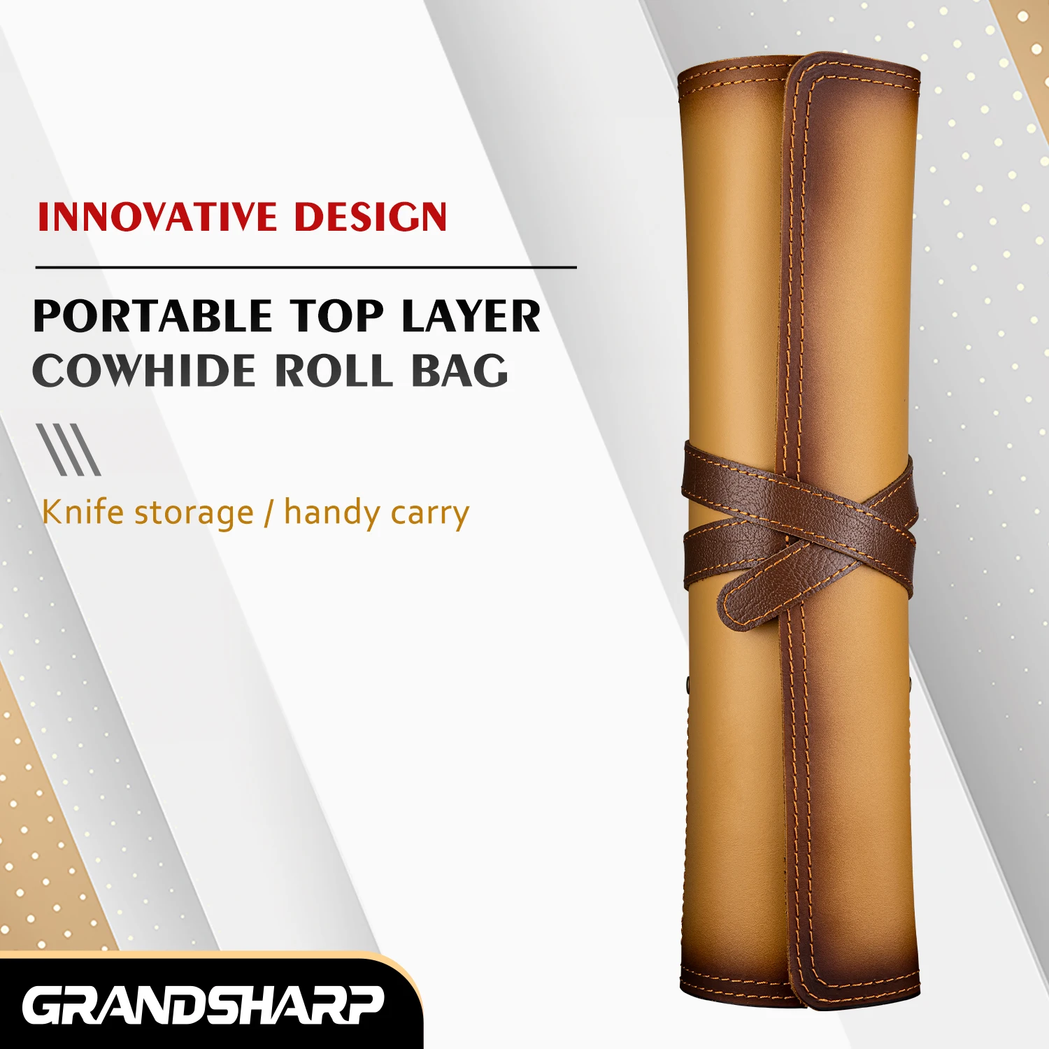 Grandsharp Deluxe Chef Knife Roll Bag Made With First Layer Cowhide Featuring 3 big slots + 2 small slot For Knife Protection