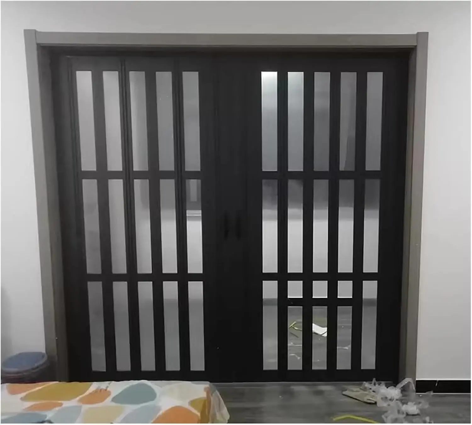 Grande porta dupla bifold com vidro para exterior interior, marrom, branco, preto, moldura de alumínio, porta acordeão, 56, 62, 68, 76, 80 polegadas