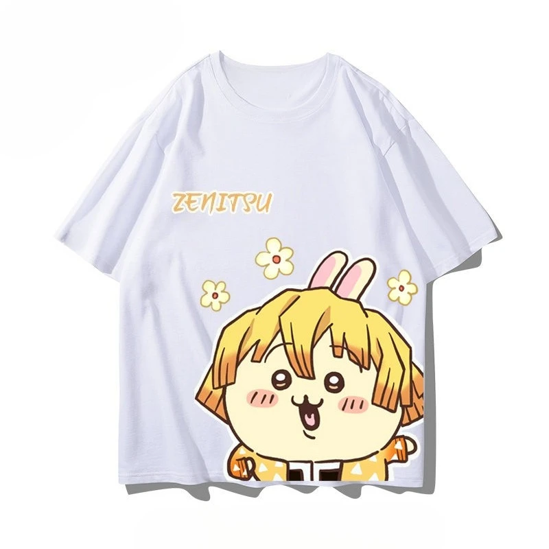 Kawaii Usagi Zenitsu Hybrid Graphic T-shirt Demon Slayer X Chiikawa Cartoon Print Solid White Cotton Oversized Tees Anime Short