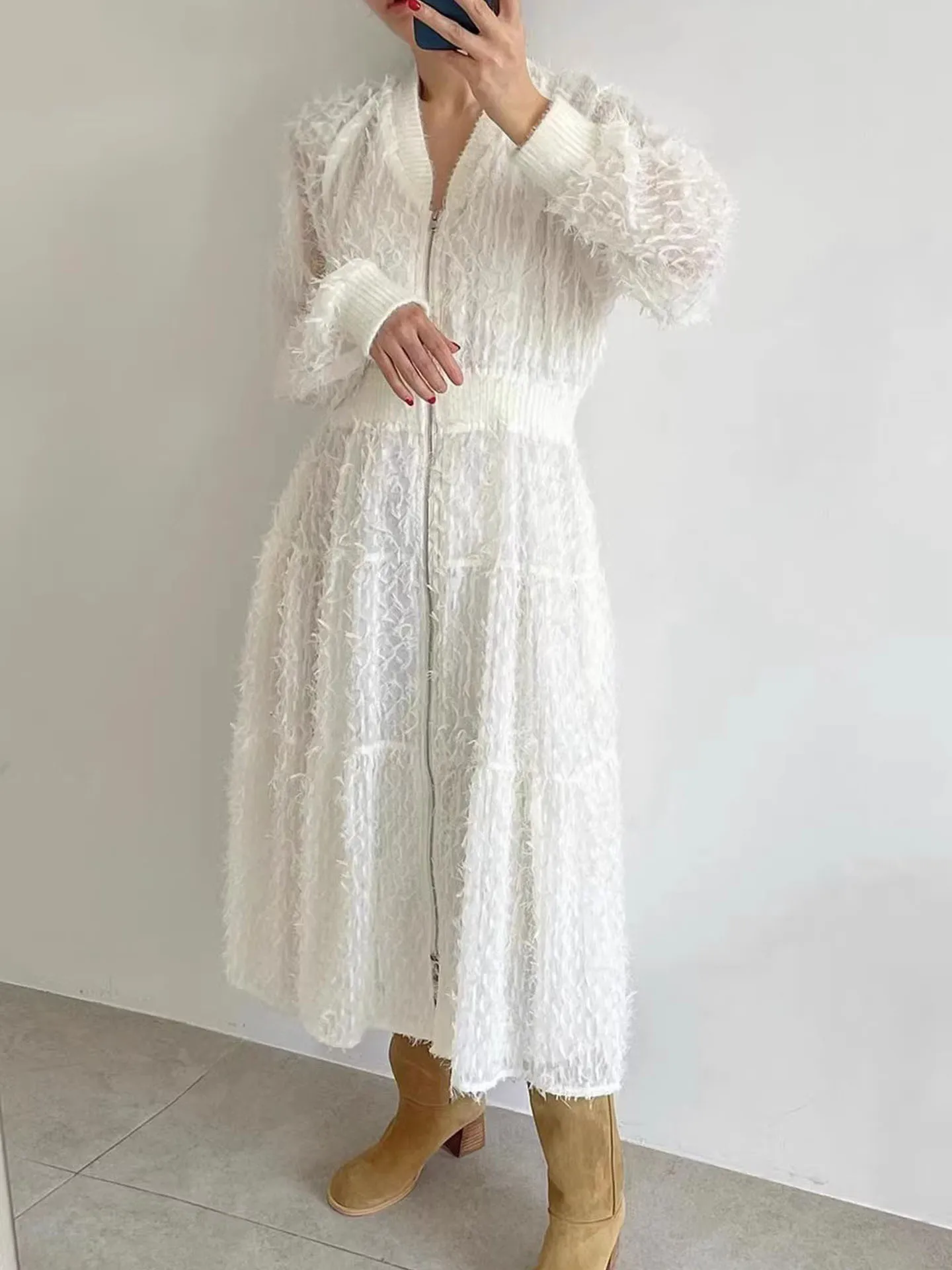 Ele V-Ne Zipper Waist Cinching Long Dr Women's Early Spring New Korean Sle Retro Versatile 3D Fringe Dr