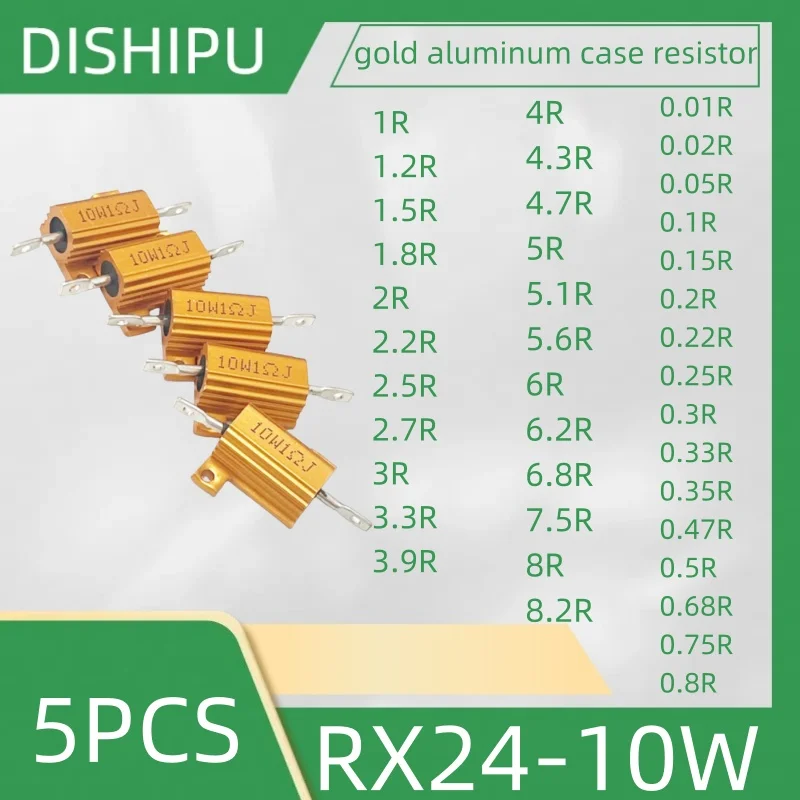 5PCS RX24-10W gold aluminum shell resistance 0.01R 0.02R 0.05R 0.1R 0.15R 0.2R 0.22R 0.25R 0.3R 0.33R 0.35R 0.47R 0.5R 0.68R