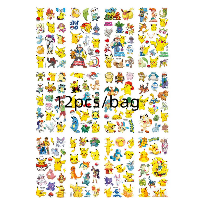 12pcs/bag Pokemon Tattoo Stickers Waterproof Cute Pikachu Sticker Funny Cartoon Kids Girls Christmas Birthday Gift reward Toy