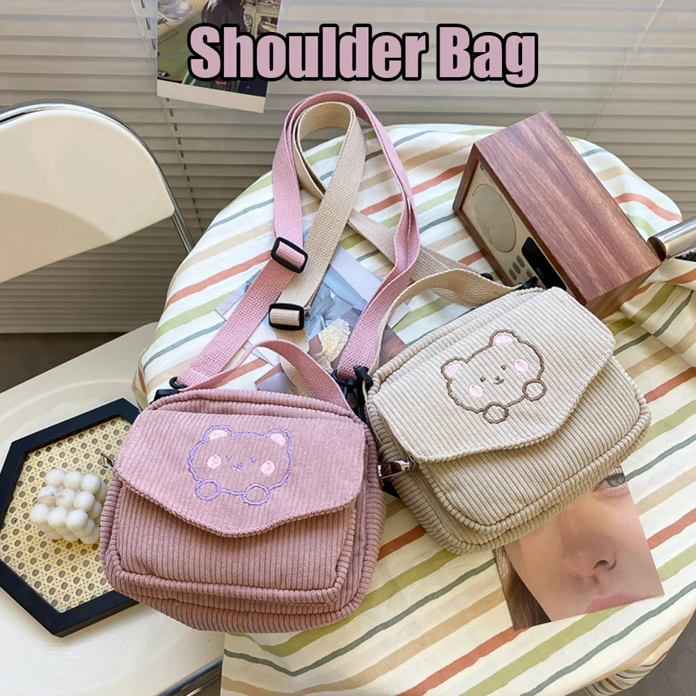 

Corduroy Crossbody Bag Vintage Cute Shoulder Handbag Embroidery Bear Japanese Flap Pocket Autumn Winter Purse for Student Girls