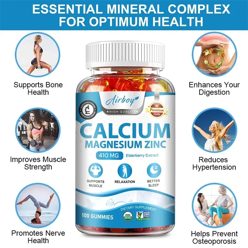 Calcium Magnesium Zinc Gummies - Stress & Anxiety Relief Support Strong Bones Joint and Heart Health