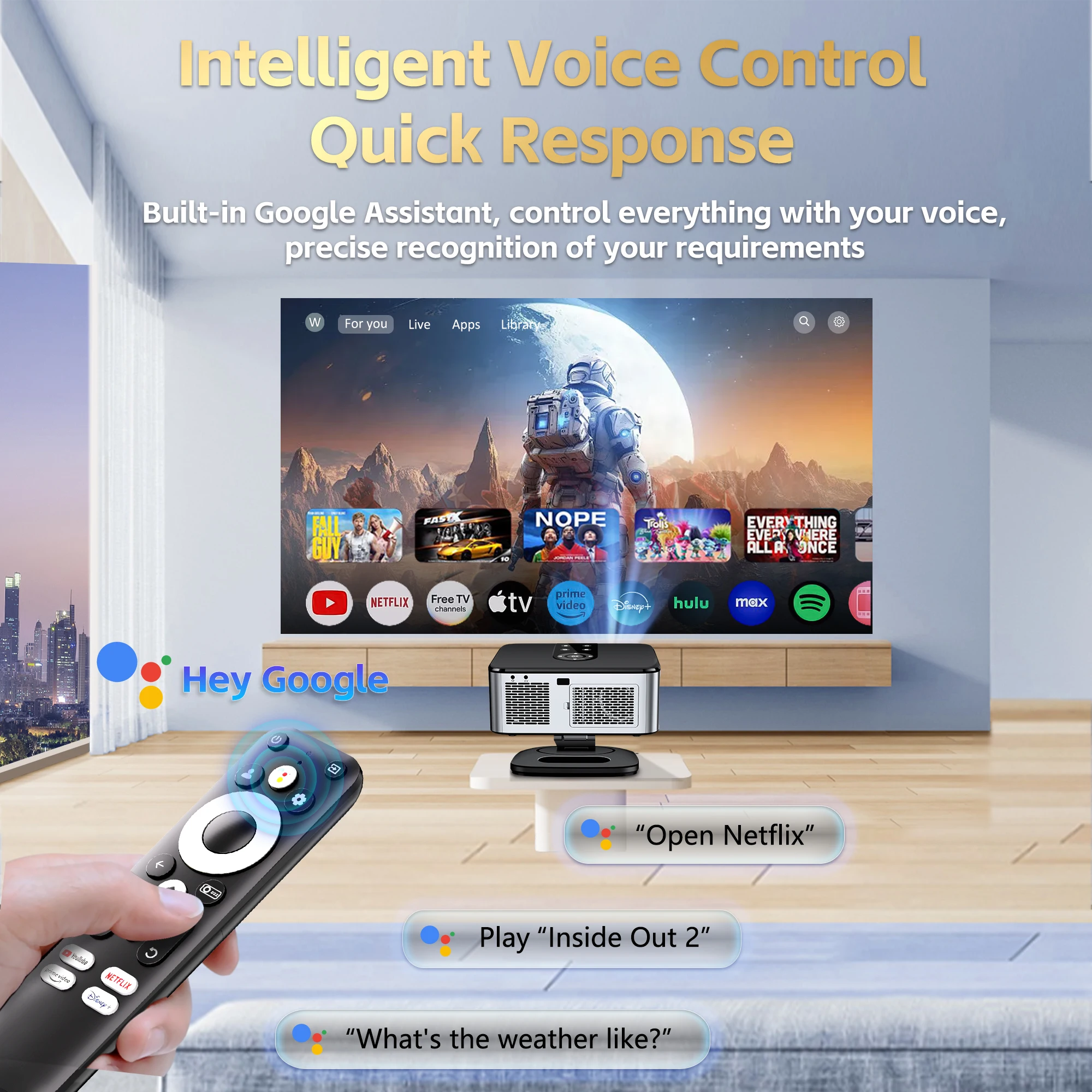 HORLAT Google TV Projector 40000 Lumens Bluetooth Voice Control Auto Focus Android 11 WiFi 6 4K UHD Home Theater Movie Projector