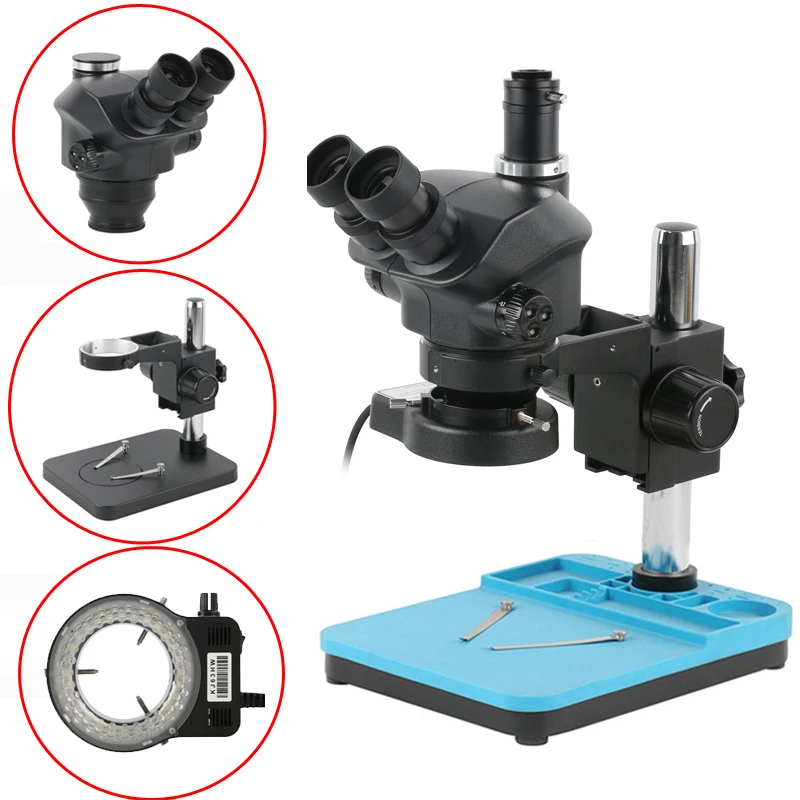 Microscope stéréo trinoculaire de laboratoire industriel Simul-Focal 7X 50X 100X avec objectifs auxiliaires 76mm+0.5X 1.0X 0.7X 2.0X