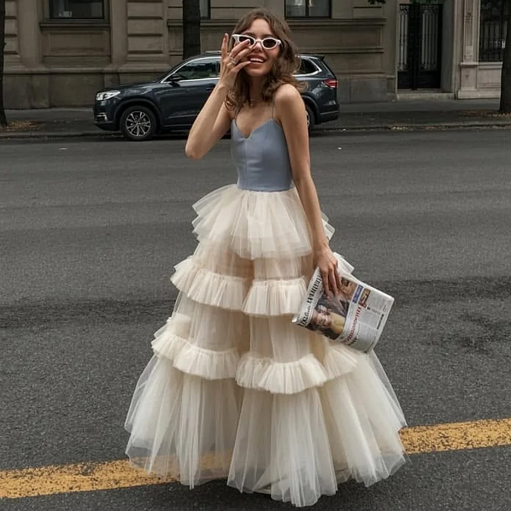 

2026 Spring Summer Wedding Skirt High Waist Tiered Tulle Prom Party Skirts High Street Photos Tutu Skirt