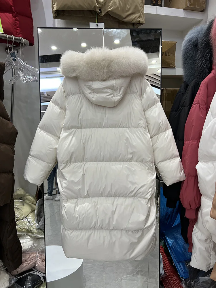 2025 inverno nova jaqueta feminina engrossado sobre o joelho moda versátil quente único breasted pato branco para baixo casaco