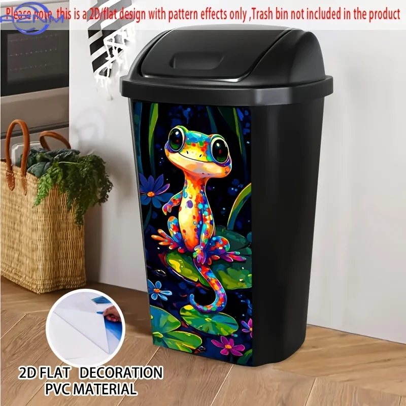 Colorful Lizard on Lily Pad Self-Adhesive Dustbin Stickers, PVC Trash Can Decorative Stickers, Wheelie Bin Stickers,  Suitable