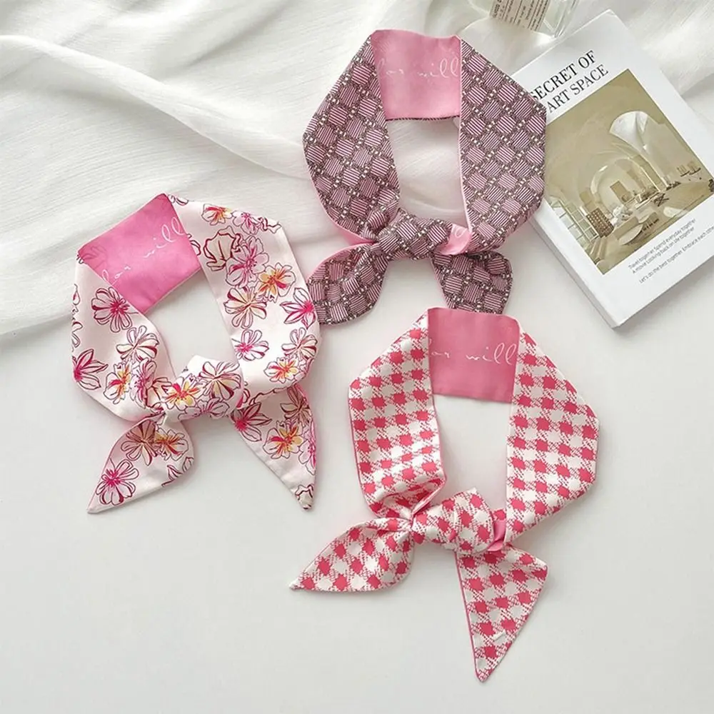 Zoete Roze Kleine Lange Sjaal Eenvoudige Fashion Print Bloem Zijden Sjaal Lint Hoofdband Voor Vrouwelijke Tas Decoratie Accessoires