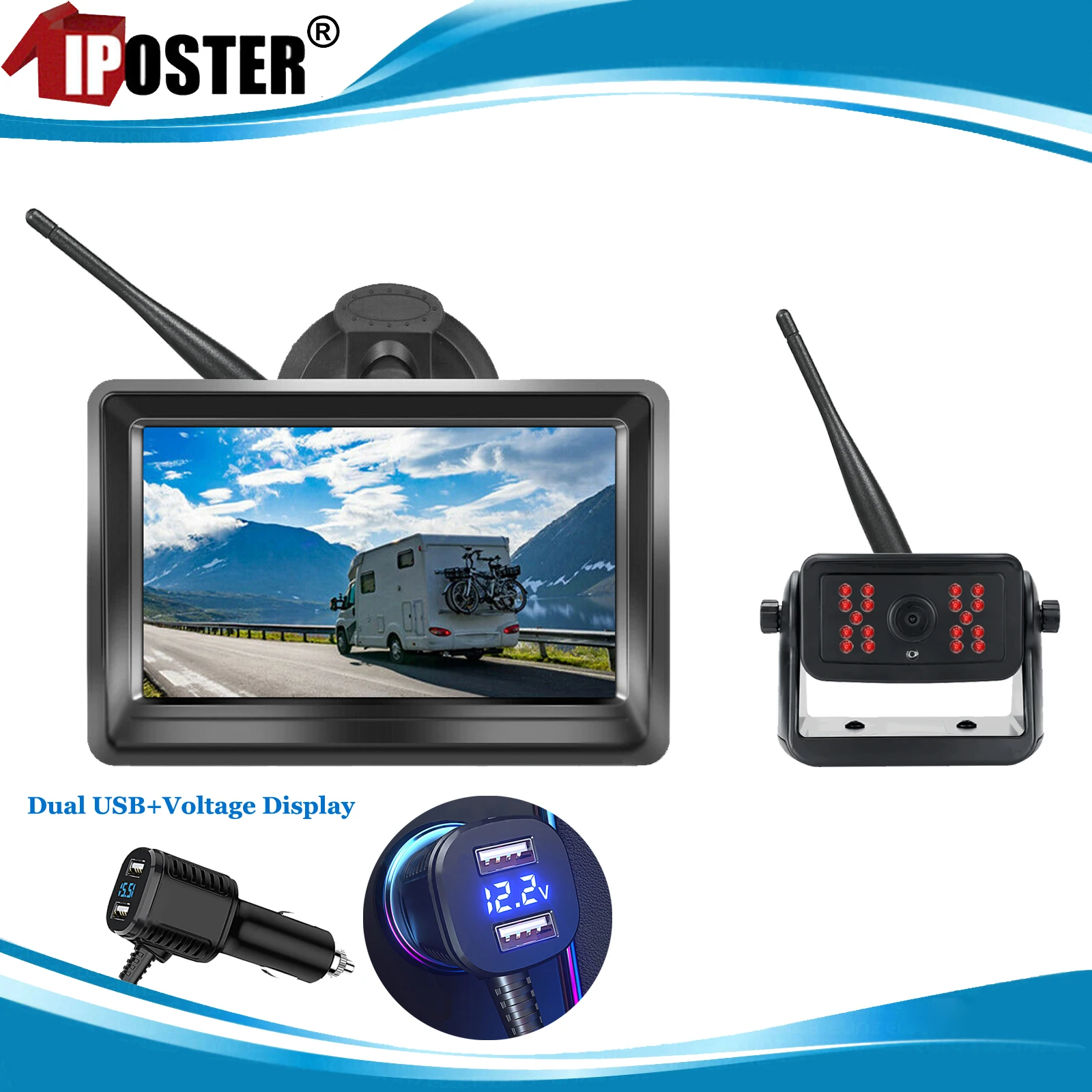 IPoster 디지털 무선 자동차 DVR 모니터, 대기 모드, 태양 자기 백업 카메라, 18 IR LED, 트레일러, Rv, 캐러밴, 모터홈, 5 인치