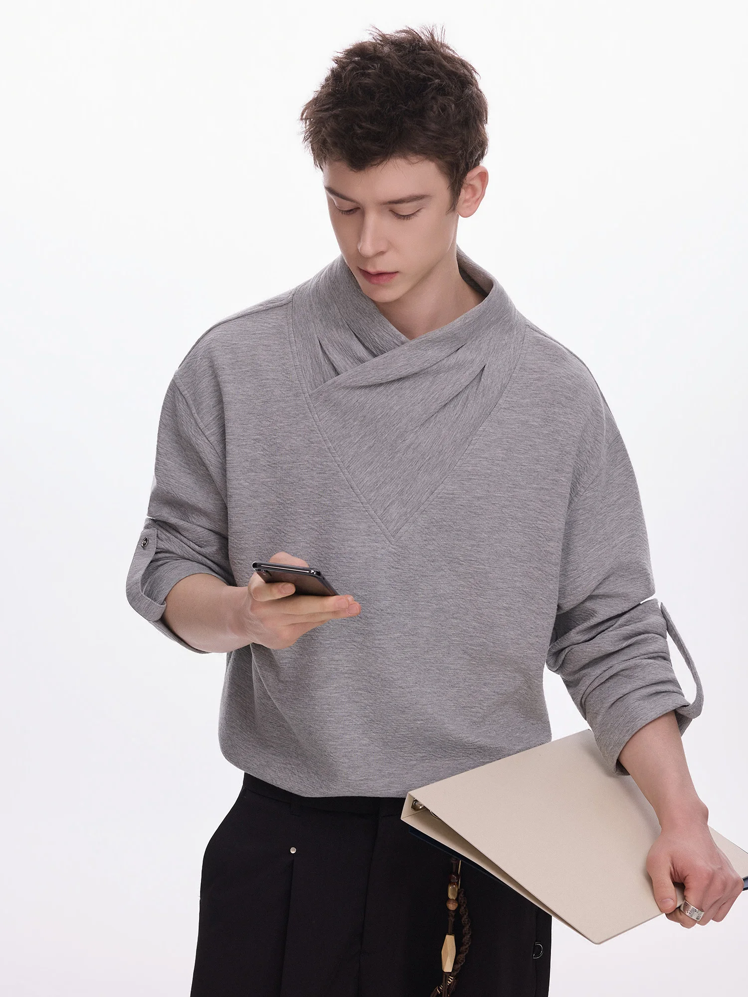 

CHOR Casual Long Sleeve T-Shirt Men's Spring Style High Collar Cotton Polyester Blend Deformable Standard Fit Hoodie Pure Color
