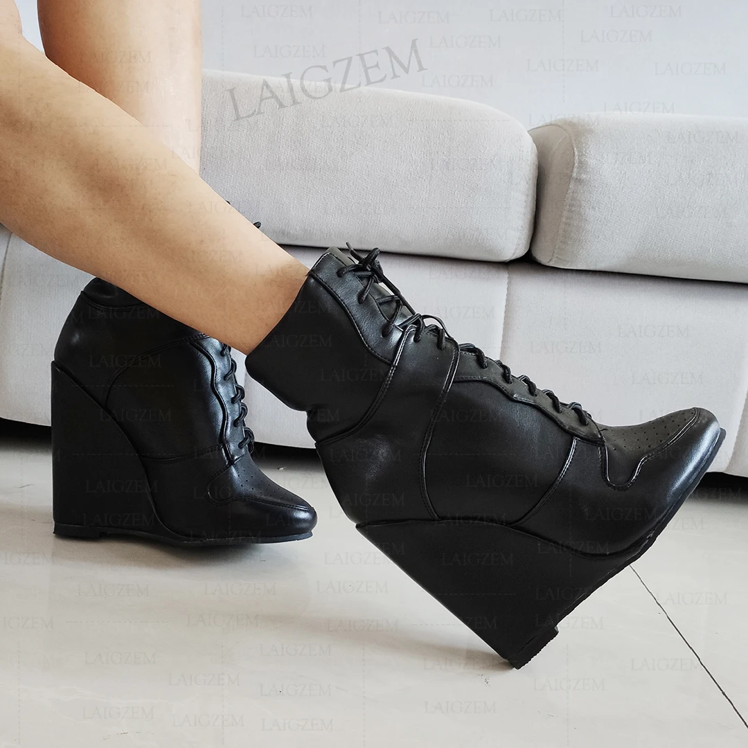 LAIGZEM Women Ankle Boots Wedges Lace Up Round Toe Faux Leather Short Booties Handmade Ladies Shoes Woman Big Size 41 46 48 52