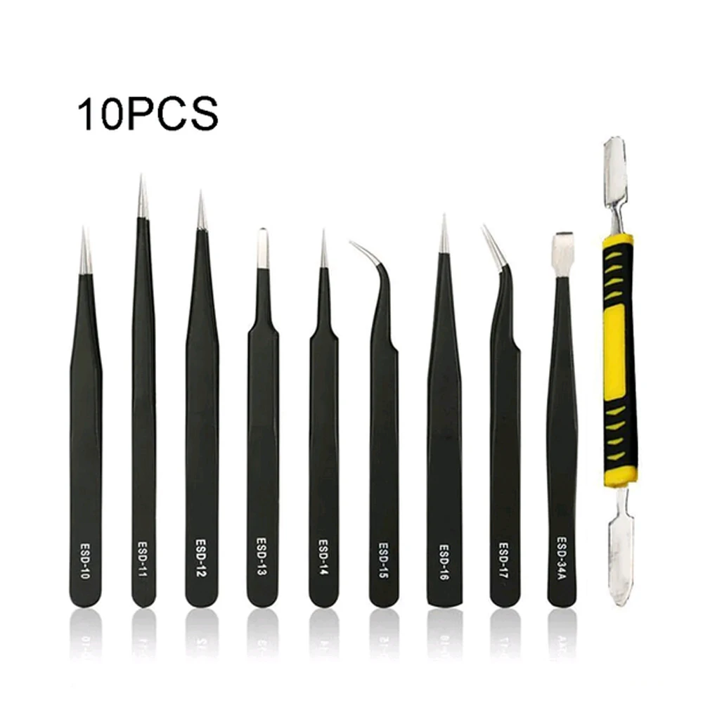 

10pcs Stainless Steel Precision Antistatic Electrostatic Tweezers Set Maintenance Tools Professional Electronic Tweezers