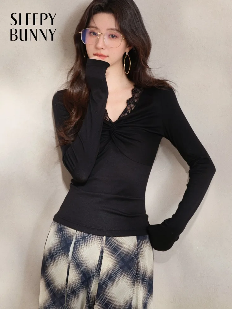 Women Spring Long Sleeve Shirt V Neck Lace Patchwork Ruched Slim Fit Top Lady Elegant Black Casual Tee Daily Wear Going Out
