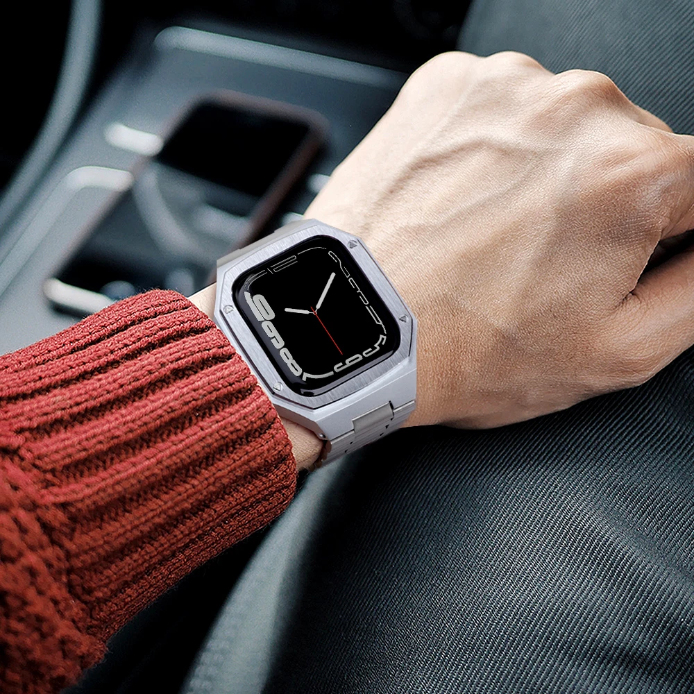 Metal Strap For Apple Watch Band 45mm 44mm Stainless Steel Protective Case+Strap All-in-one kit For iWatch 8 7 6 5 SE 45mm 44mm