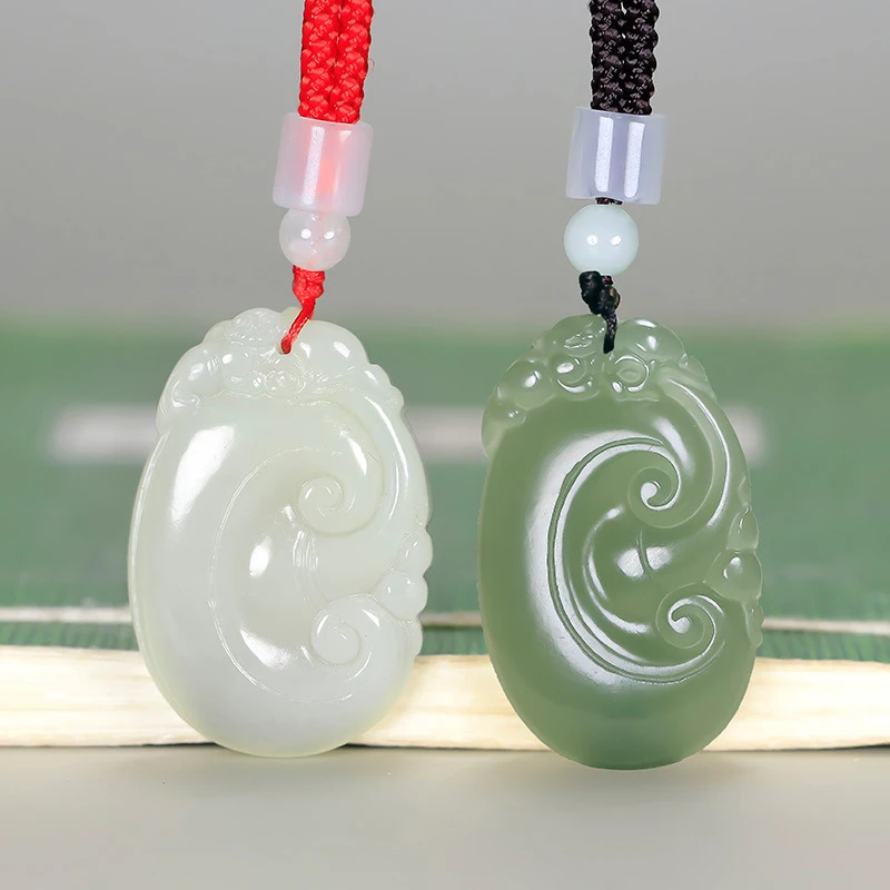

Hotan Pendant Men Women, White and Green Ruyi Jade Necklace