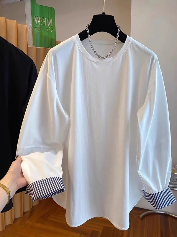 

Women's Loose Fit Long Sleeve T-Shirt Cotton Blend Plaid Design Casual Comfortable Breathable Spring Initial Layering Top