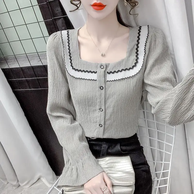 Spring Autumn New Square Collar Long Sleeve Shirt Women High Street Casual Loose Button Cardigan Elegant Edible Tree Fungus Tops