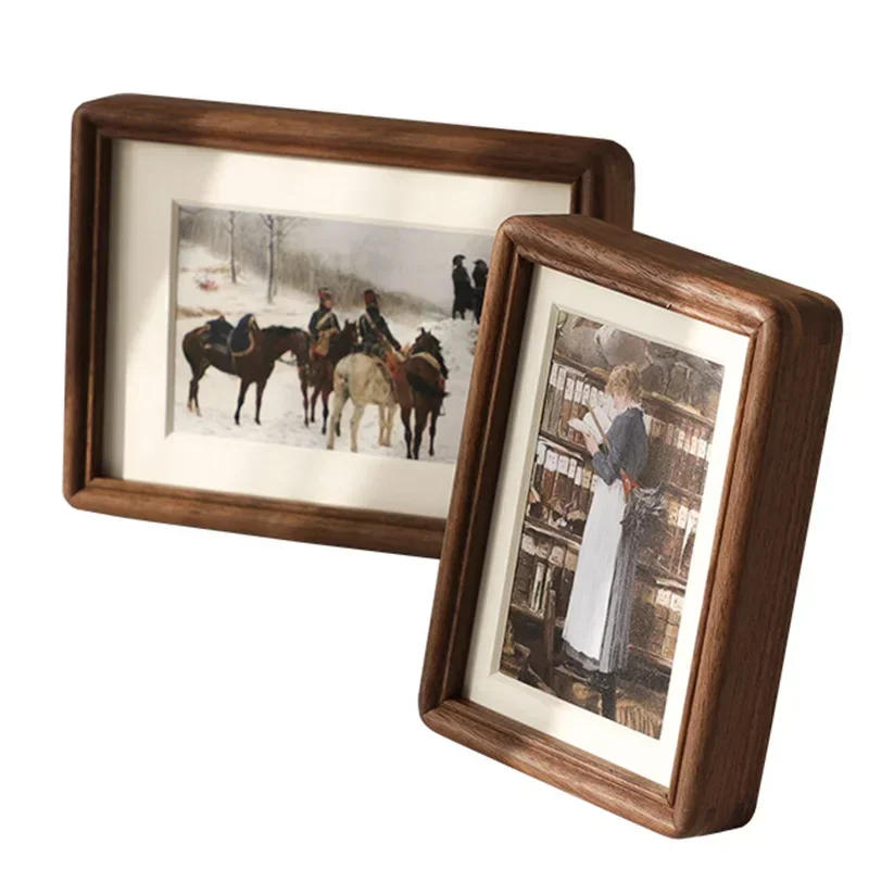 Retro Handmade Wooden Photo Frame with Passe-Partout, Vertical/Horizontal Standing Desktop Picture Frame Hanging Wall Decor