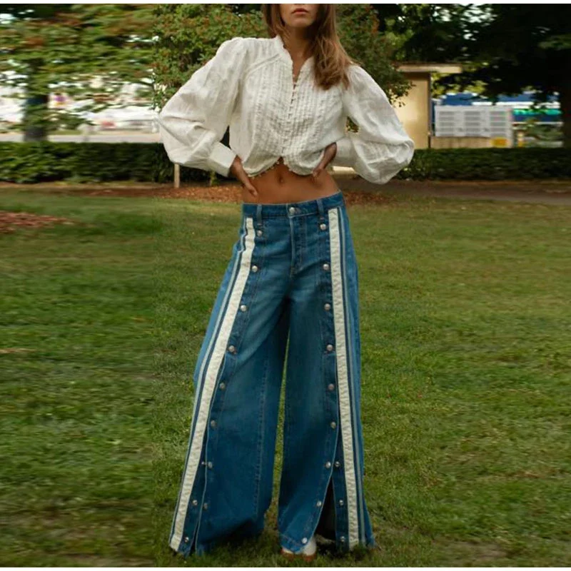 

CPSYM High Street Лоскутные полосатые женские джинсовые брюки с разрезом на пуговицах, широкие женские джинсы, весна-лето, новые шикарные женские брюки