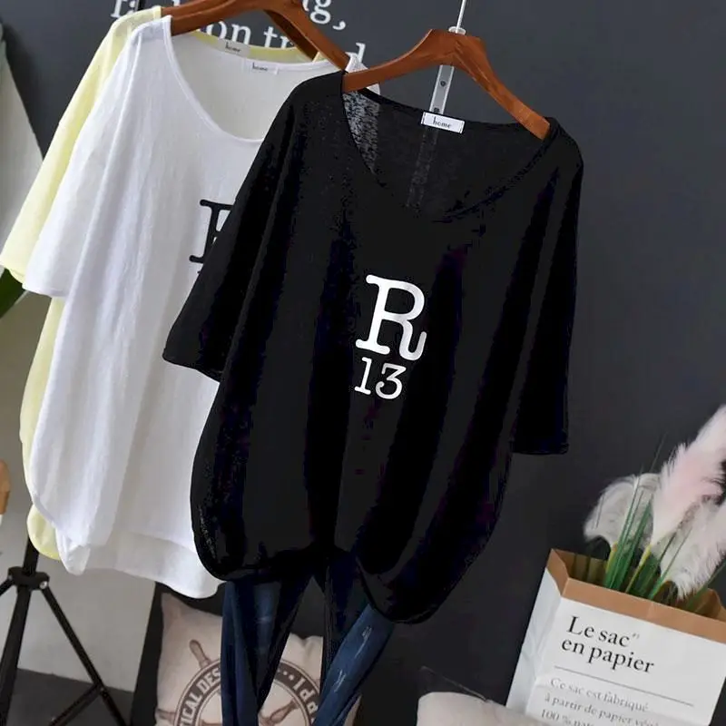 

Large Size Ice Silk T Shirt Women Casual Loose V-neck T-shirt Short-sleeved Mid-length Thin Sunscreen Tshirt Fashion Trend Tops