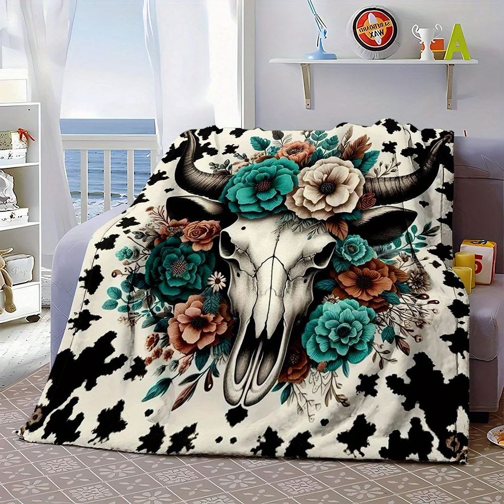 Country-Rustic Flannel Throw Blanket with Cartoon Bull Skull and Floral Design  Non-Woven Reversible, All-Season Cozy Cover