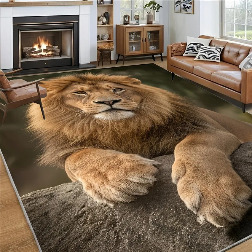 Wildlife Theme Floor Rug Realistic Male Lion Wild Animal Portrait Pattern Stylish Decor Area Rug for Living Space Home Ornament