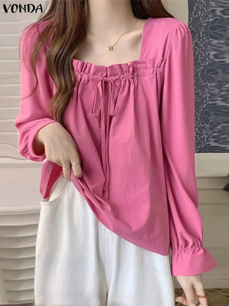 

VONDA Women Blouse 2025 Autumn Long Sleeve Solid Color Elegant Korean Shirts Fashion Square Collar Casual Tunic Office Lady Tops