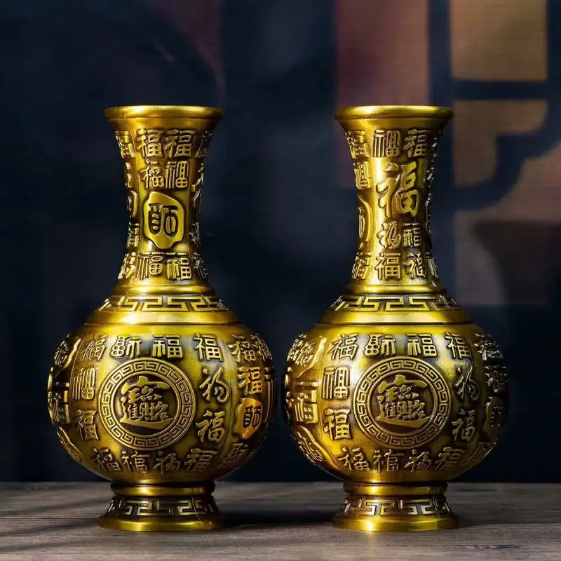Brass Hundred Blessings Vase, Large Wealth-Attracting Decorative Vase, Flower Arrangement Vase, Home Living Room and Buddhist Ha