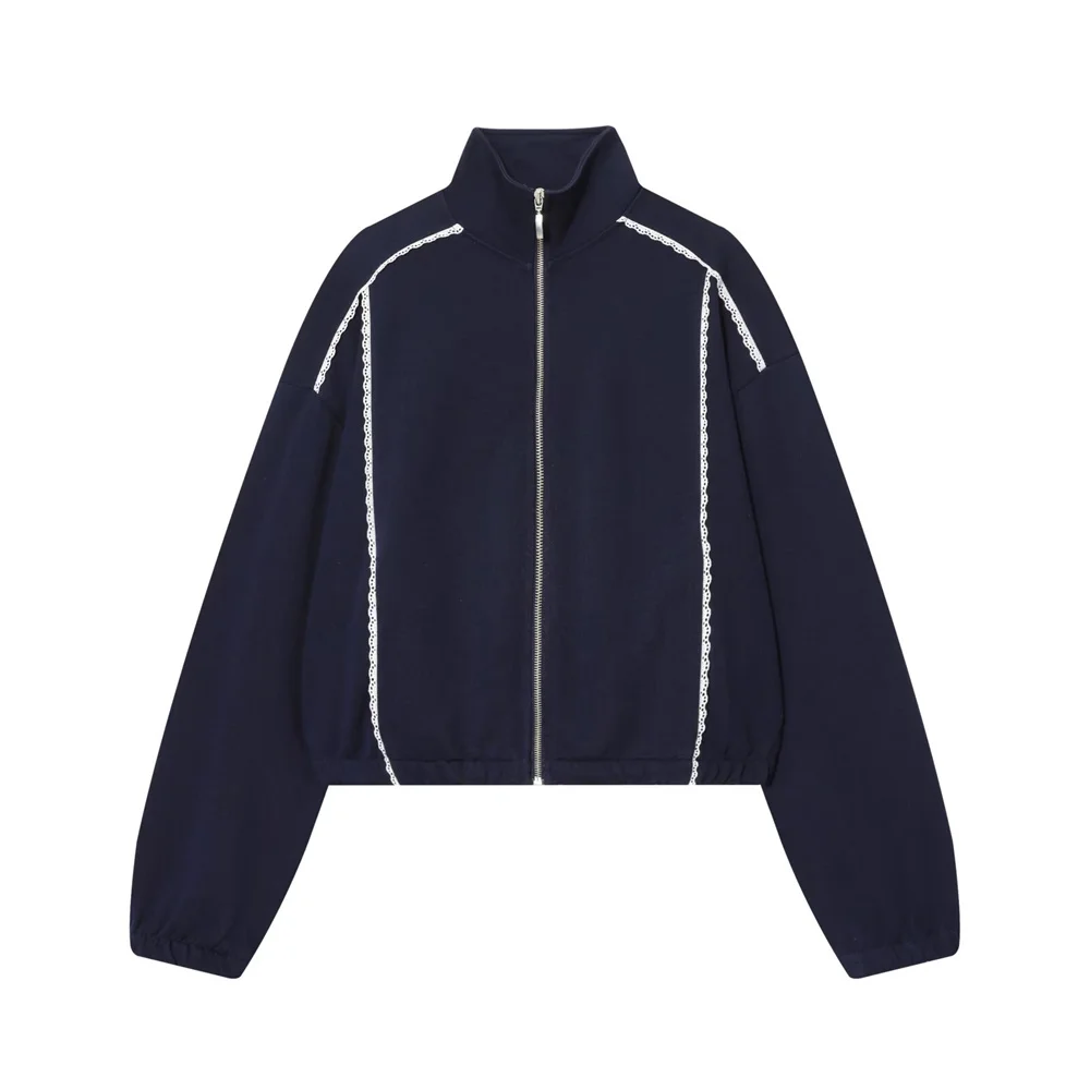 Femmes automne col montant dentelle patchwork fermeture éclair veste décontractée sweat taille élastique dentelle patchwork pantalon