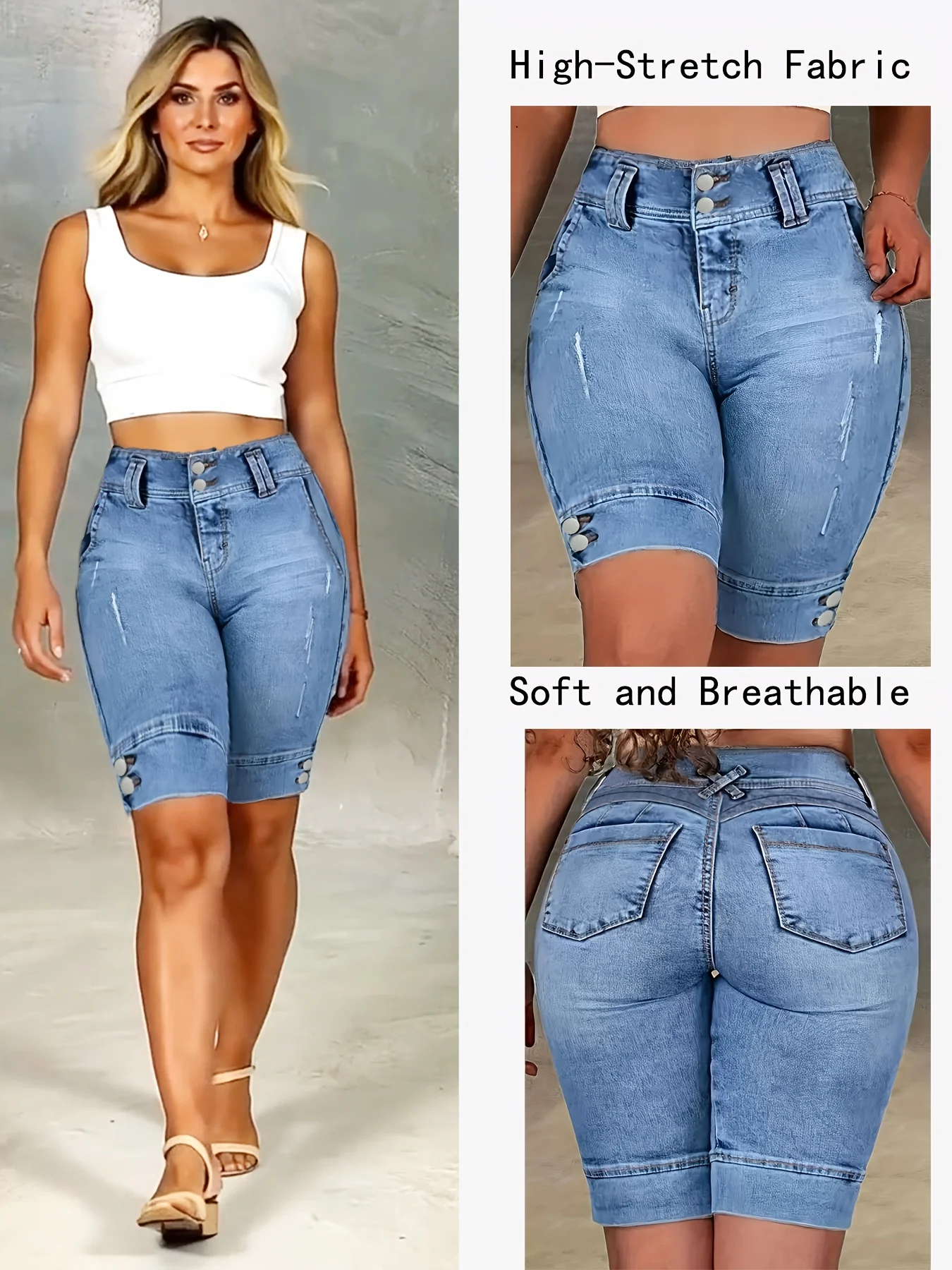 Ladies' Blue Double-Buckle Waist Slim Fit Jeans view 6