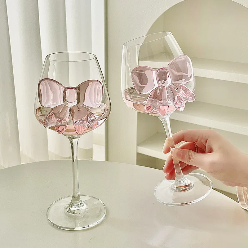 Rosa Schleife Glasbecher Dekor Glasbecher Kelch Schleife Griff Gläser Wein Cocktailglas Dessert Eisschale Trinkglas
