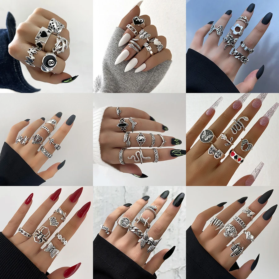 Vintage Punk Metal Multi Element Ring Set For Women Men Antique Silver Color Butterfly Snake Skull Finger Rings Gothic Jewelry